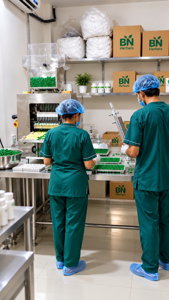 BN Herbals team manufacturing herbal capsules