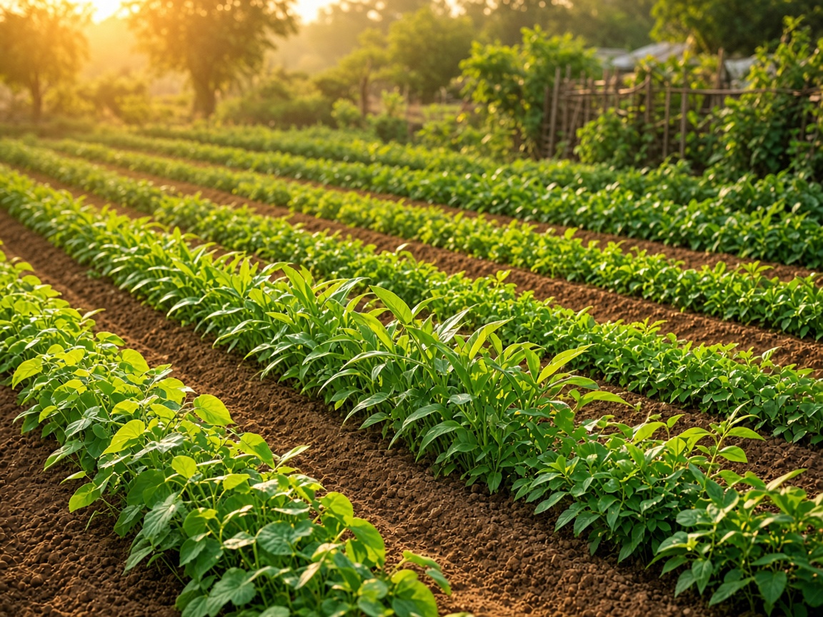Herbal growing fields at golden hour